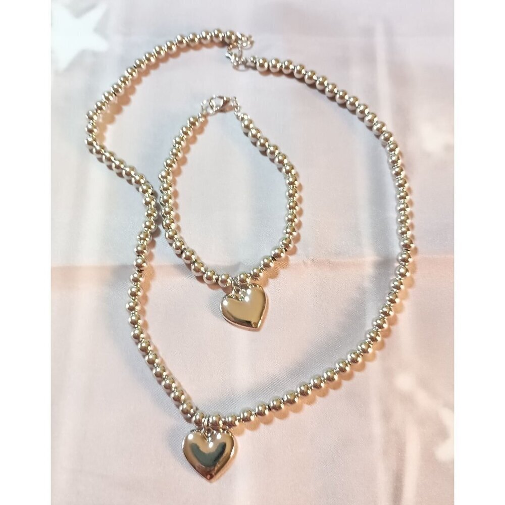 ✨ Stainless Steel Beaded Necklace & Bracelet Set 2-Piece Minimalist Jewelry NEW